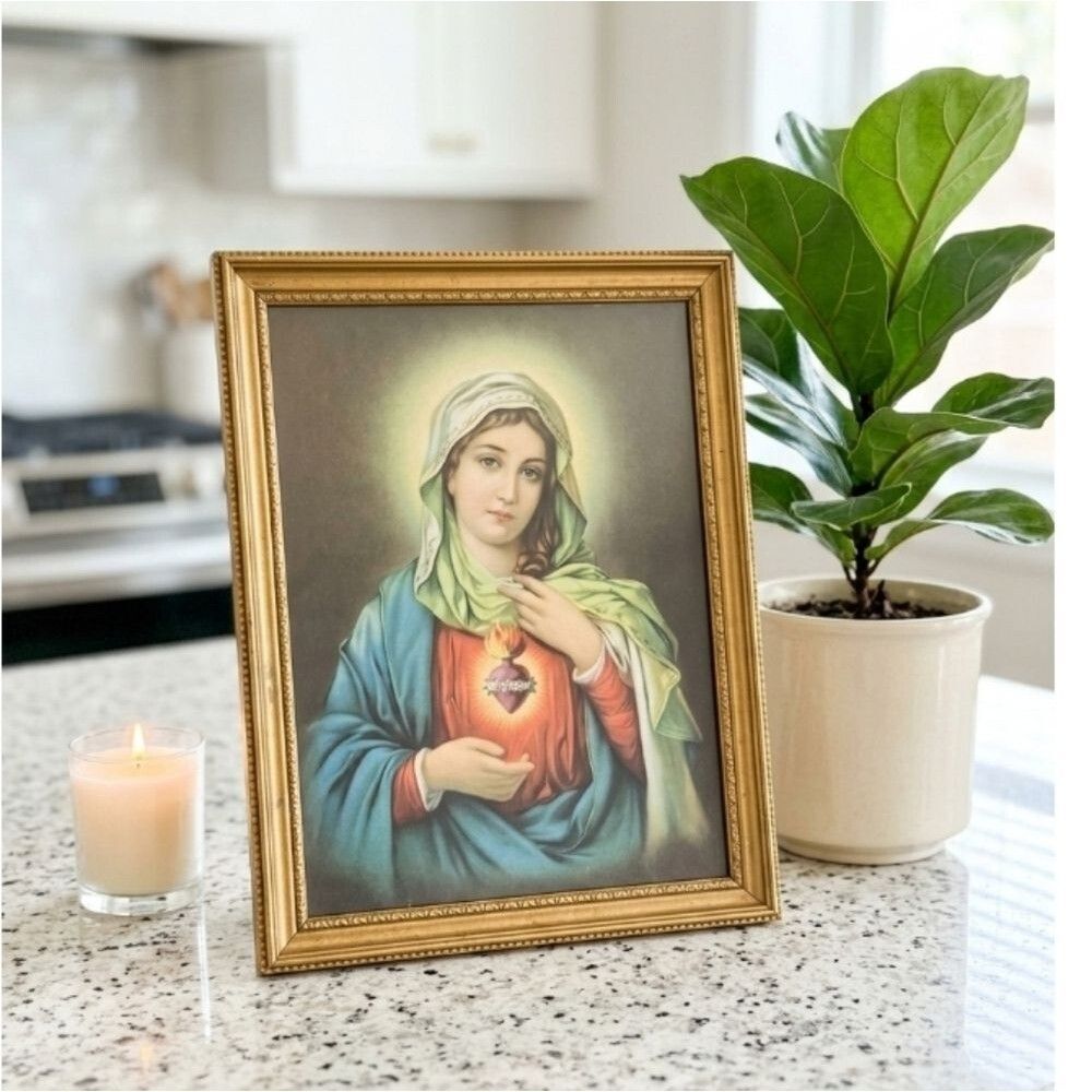 Vintage Picture of Mary Art Print Catholic Framed Scared Heart